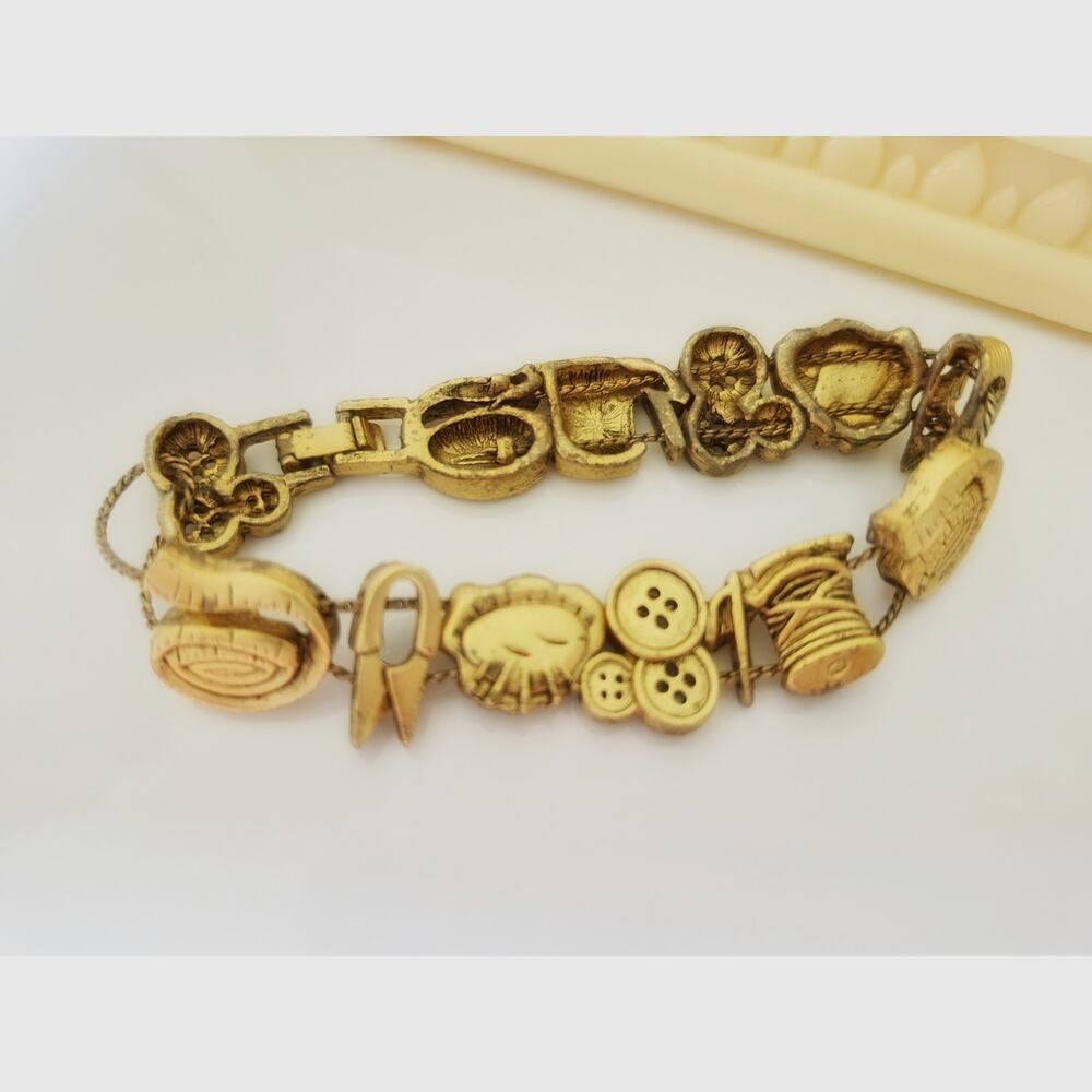 Vintage Gold-tone Sewing Theme Slide Charm Bracelet